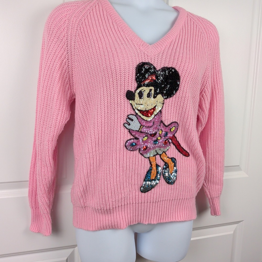 Vintage Pink Minnie Mouse Sequin Knit Sweater 80s 90s Retro